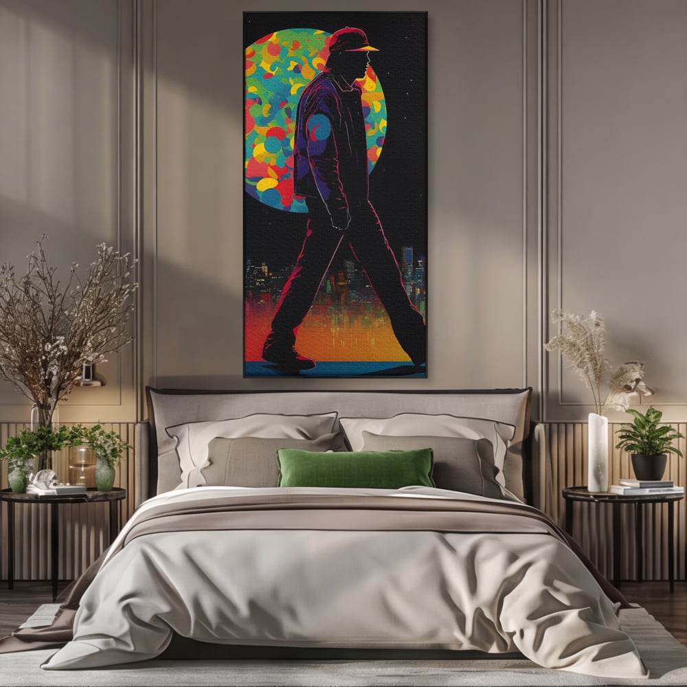 Tablou canvas cu silueta unui barbat mergand pe fundal urban, in rama de aluminiu negru, pe perete intr-un dormitor